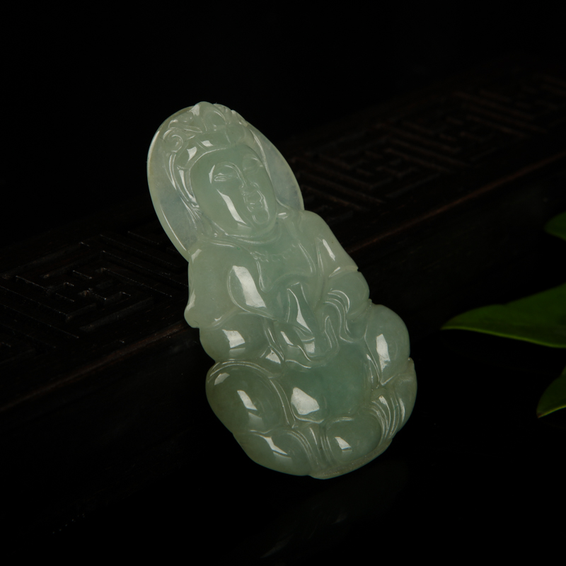 天然糯种灰绿翡翠观音吊坠-红掌柜