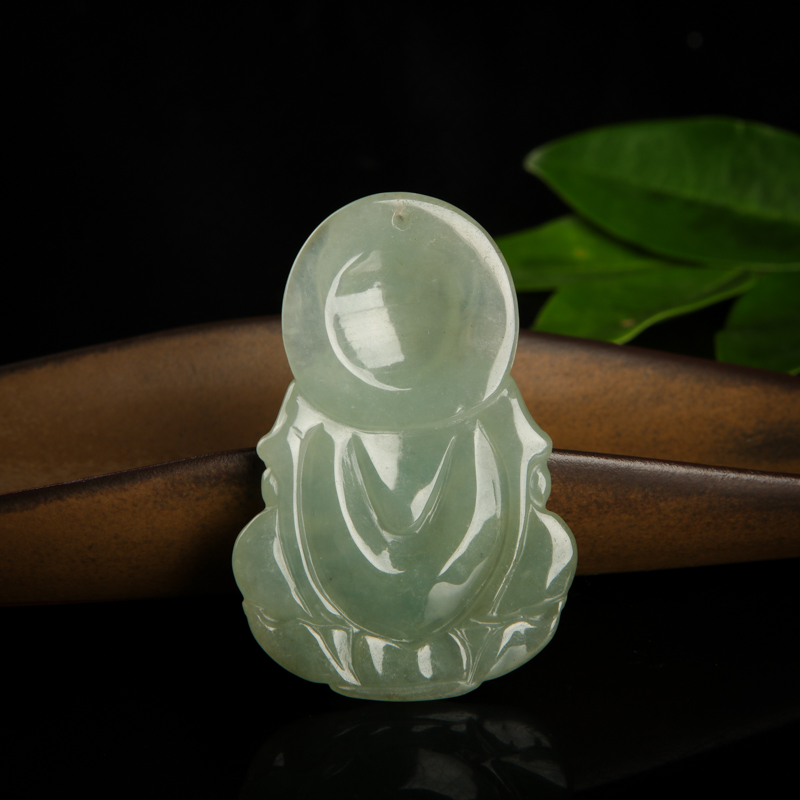 缅甸天然灰绿翡翠观音吊坠-红掌柜
