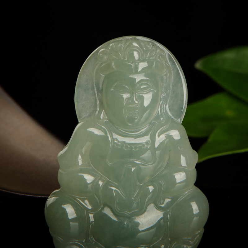 缅甸天然糯种灰绿翡翠吊坠-红掌柜
