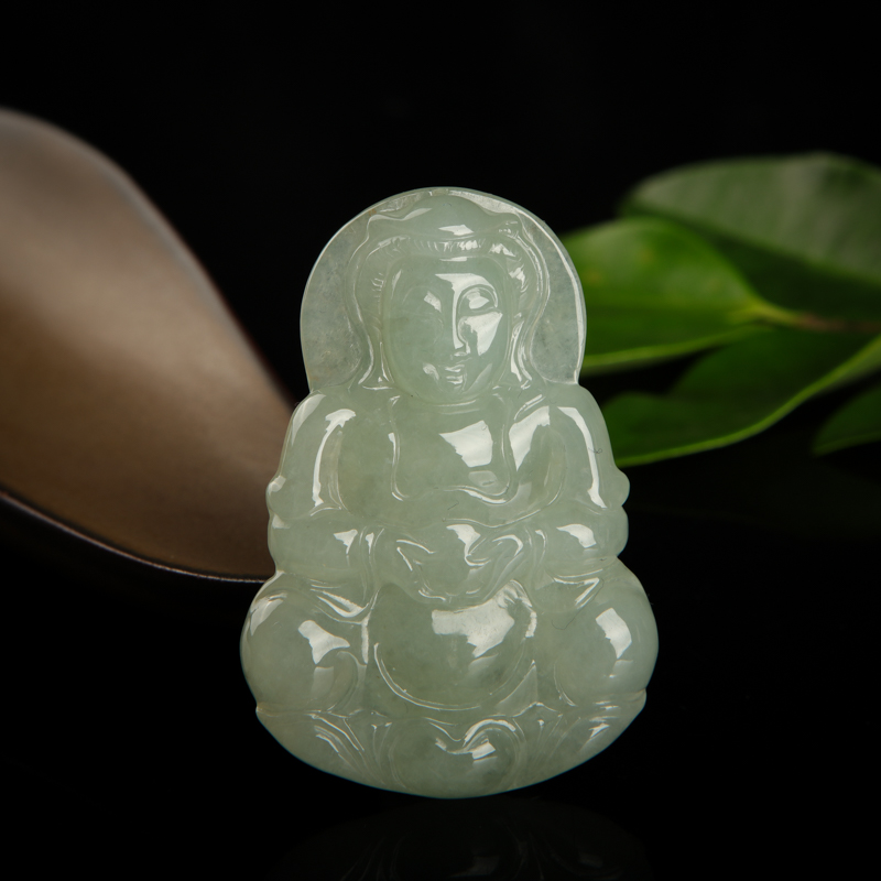 缅甸天然糯种灰绿翡翠观音吊坠-红掌柜