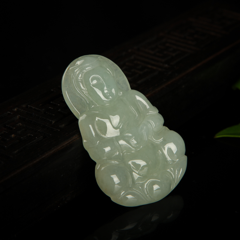 天然糯种灰绿翡翠观音吊坠-红掌柜