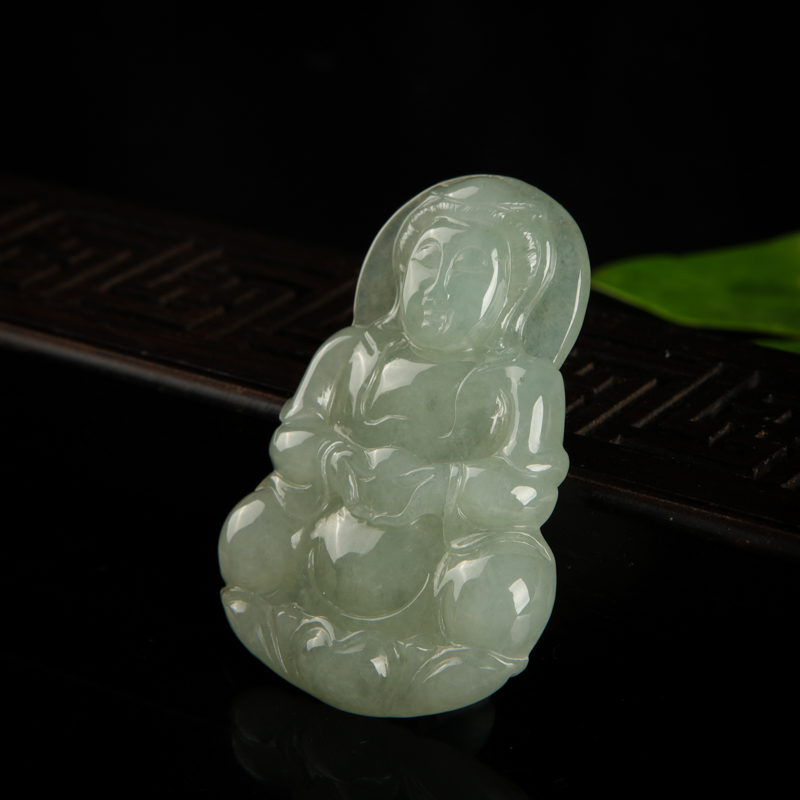 缅甸糯种灰绿翡翠观音吊坠-红掌柜