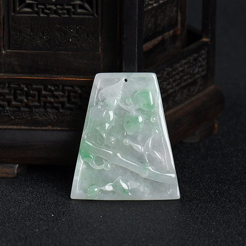 缅甸天然糯种飘翠翡翠喜上枝头吊坠-红掌柜