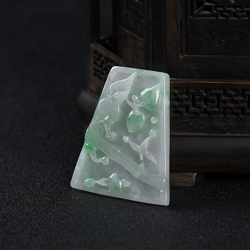 缅甸糯种飘翠翡翠喜上枝头吊坠-红掌柜