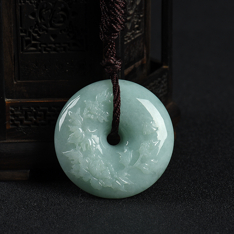 缅甸天然糯种浅绿翡翠花开富贵吊坠-红掌柜