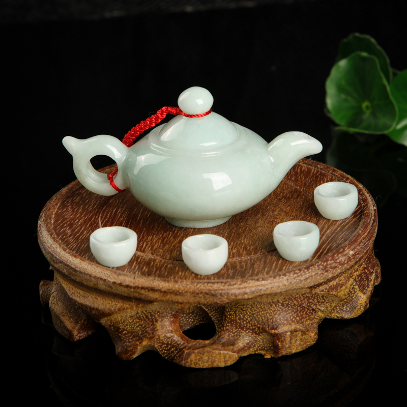 糯种翡翠茶壶套装摆件-红掌柜