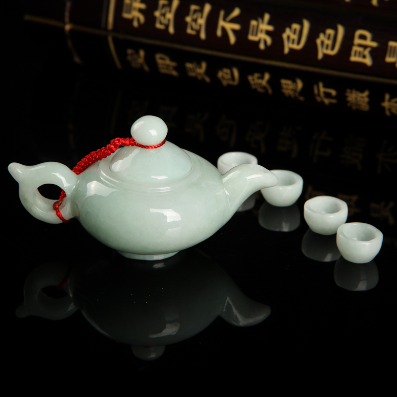 天然翡翠茶壶套装摆件-红掌柜