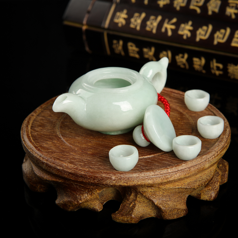 天然糯种翡翠茶壶套装摆件-红掌柜