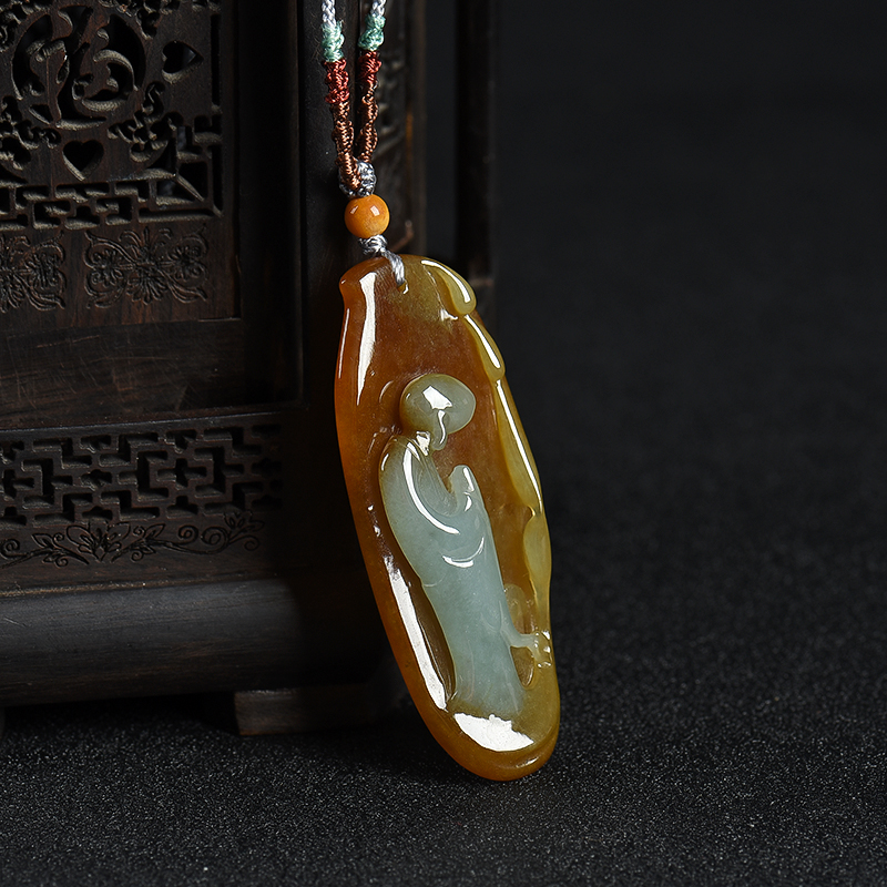 俏色黄翡悟道吊坠-红掌柜