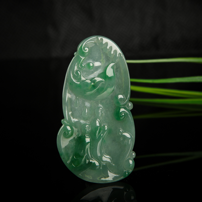 缅甸天然糯冰种飘翠翡翠禅悟吊坠-红掌柜