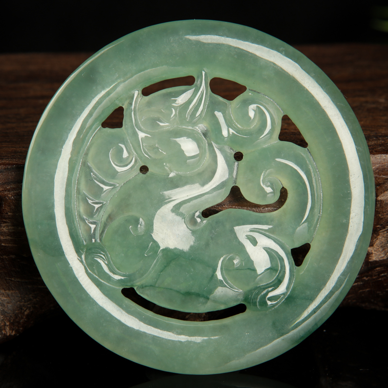 缅甸天然糯冰种翡翠麒麟吊坠-红掌柜