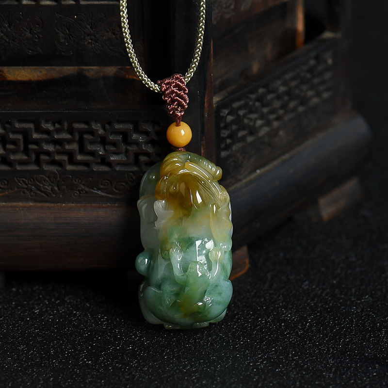 缅甸天然糯种俏色翡翠吉人天相吊坠-红掌柜