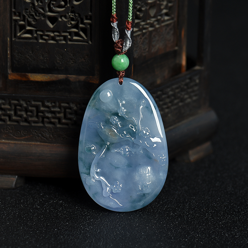 缅甸天然糯冰种飘花翡翠喜上枝头吊坠-红掌柜