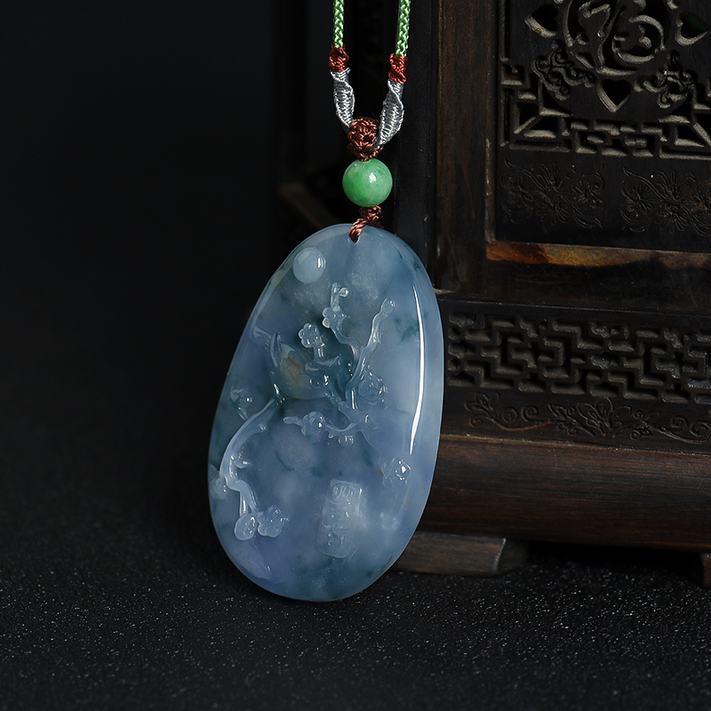 缅甸糯冰种飘花翡翠喜上枝头吊坠-红掌柜