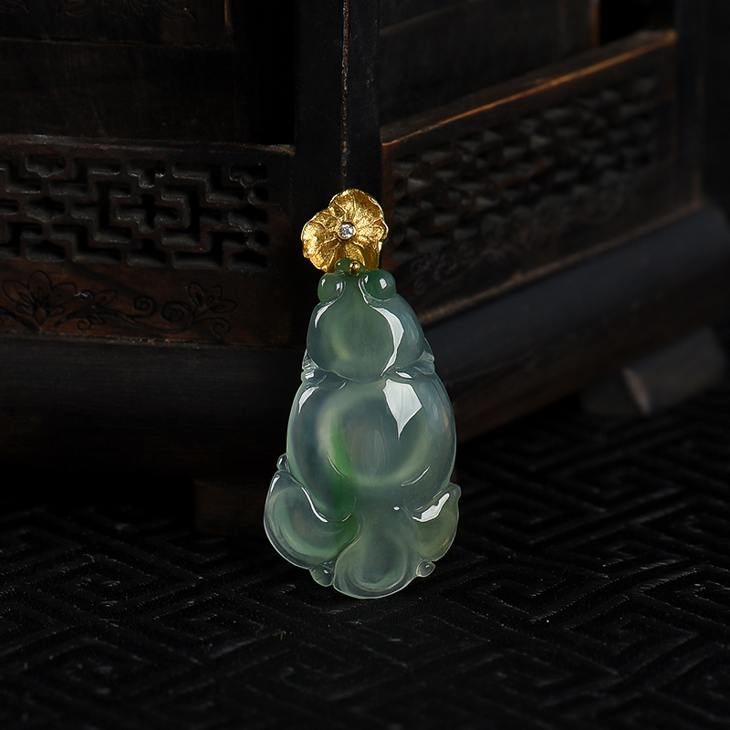 缅甸天然糯冰种飘翠翡翠金玉满堂吊坠-红掌柜