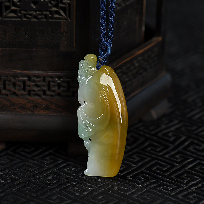 缅甸天然俏色翡翠老翁吊坠-红掌柜