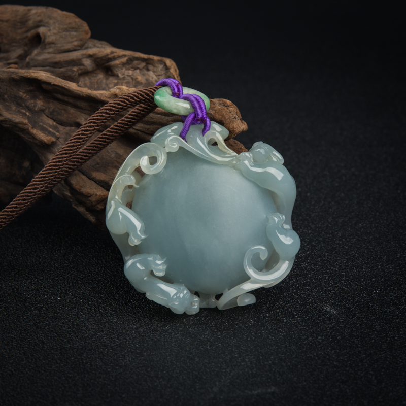 缅甸糯种翡翠双龙戏珠吊坠-红掌柜