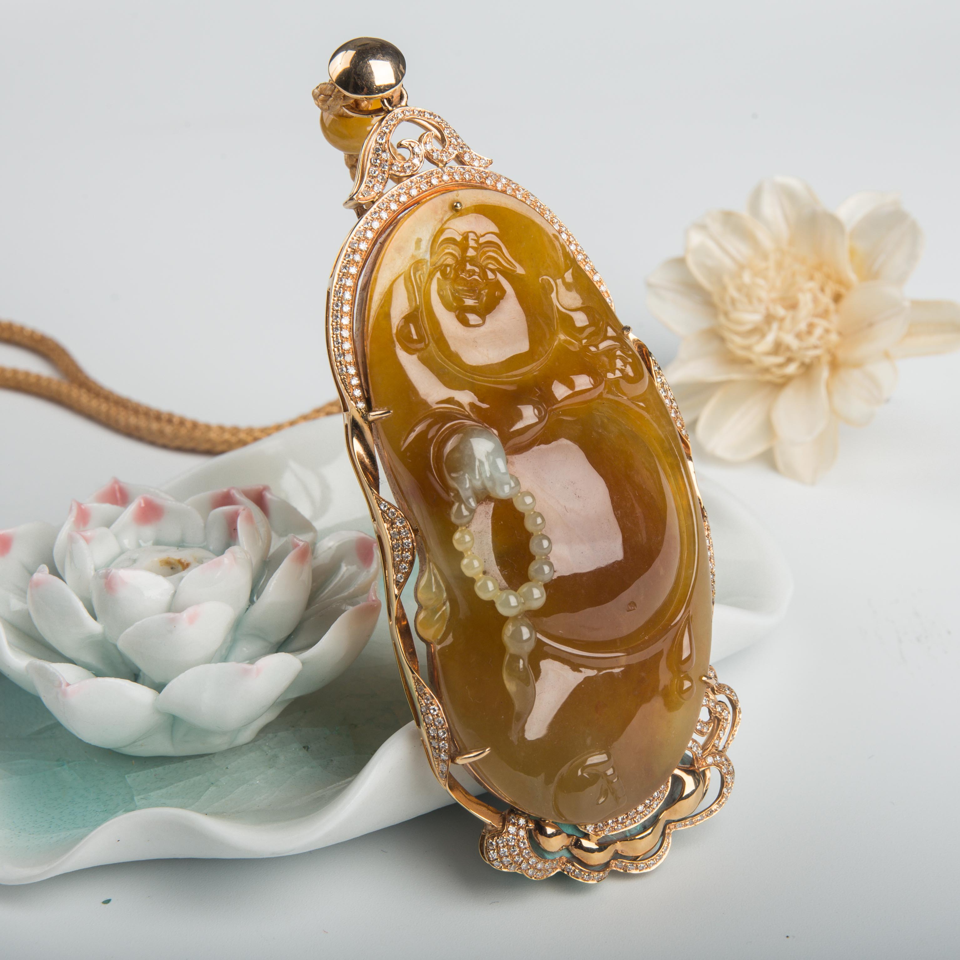 糯冰种黄翡弥勒佛吊坠-红掌柜