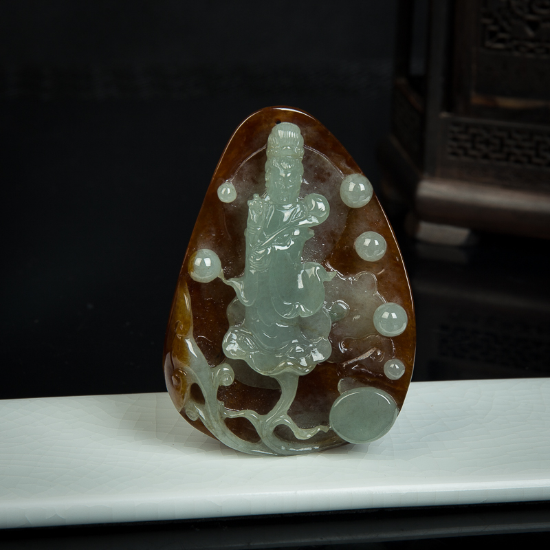 糯种俏色翡翠观音吊坠-红掌柜