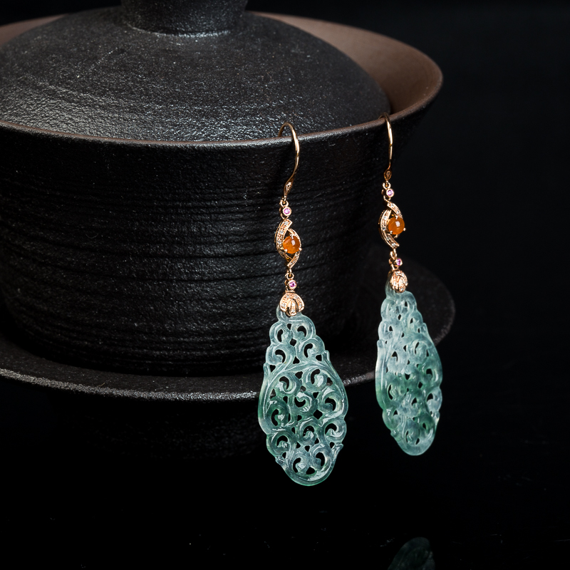 18k天然缅甸冰种飘花翡翠耳坠-红掌柜