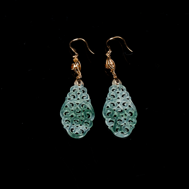 18k天然冰种飘花翡翠兽纹耳坠-红掌柜