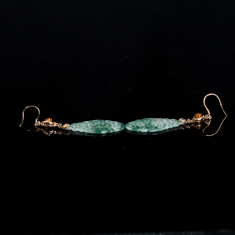 18k缅甸冰种飘花翡翠兽纹耳坠-红掌柜