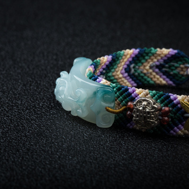 缅甸糯冰种飘花翡翠貔貅手串-红掌柜