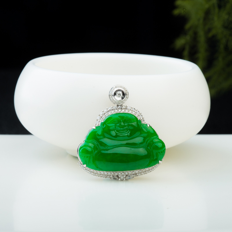 缅甸天然糯冰种翠绿翡翠弥勒佛吊坠-红掌柜