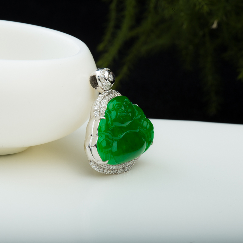 缅甸糯冰种翠绿翡翠弥勒佛吊坠-红掌柜