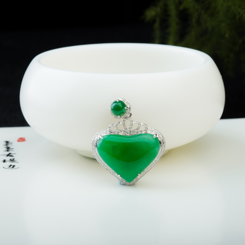 缅甸天然糯冰种翠绿翡翠心想事成吊坠-红掌柜