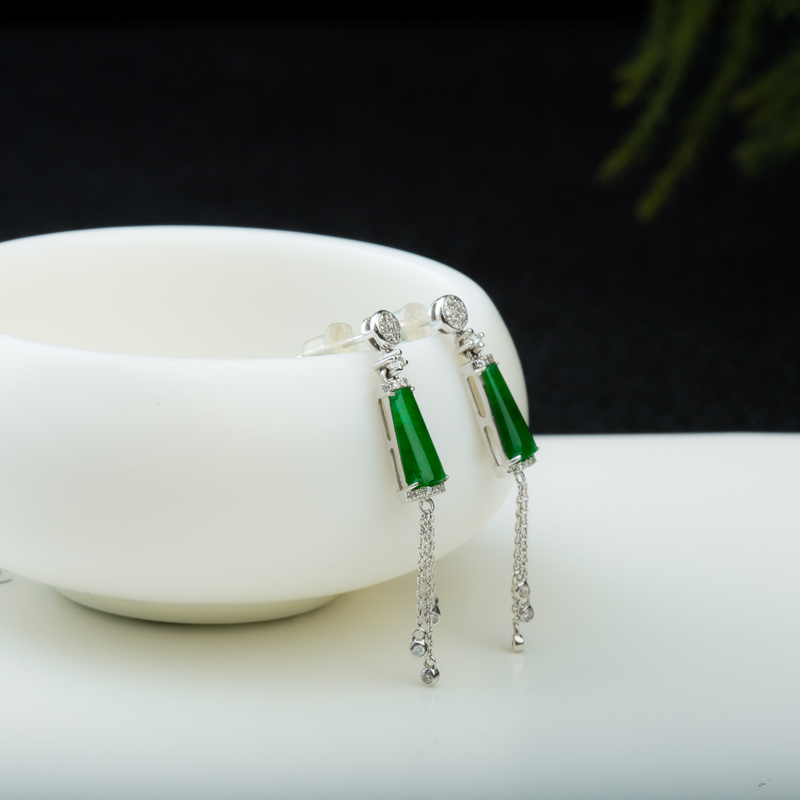 18K天然缅甸糯种翠绿翡翠耳坠-红掌柜