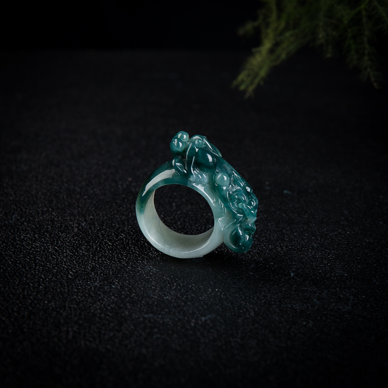 糯种蓝绿翡翠貔貅戒指-红掌柜
