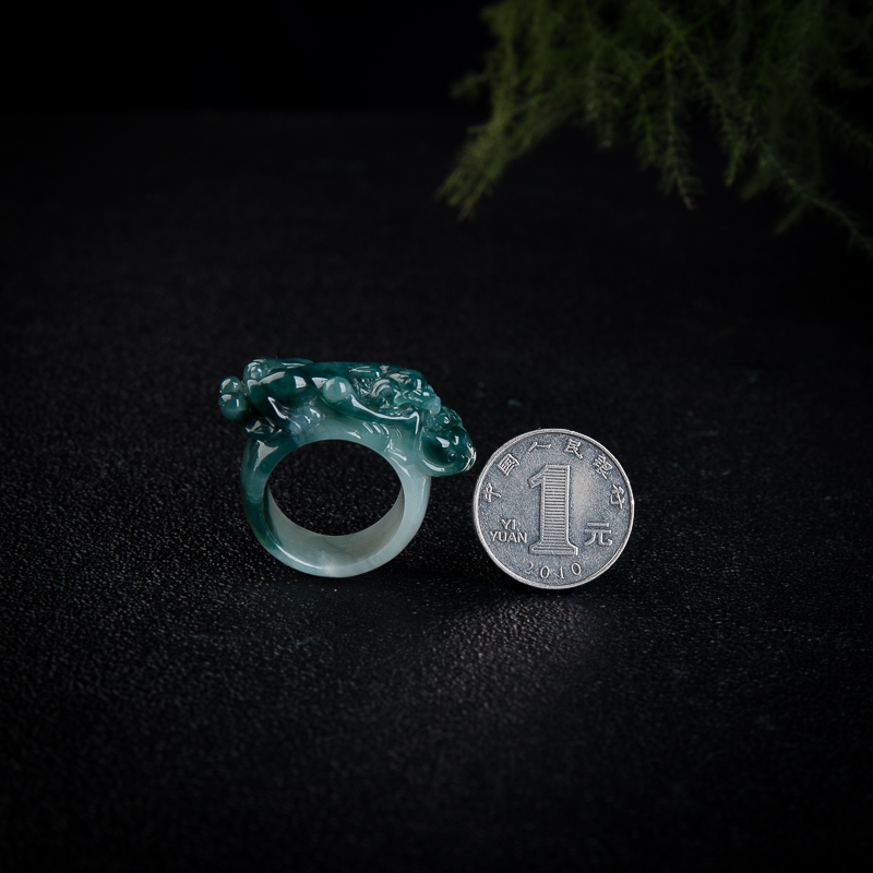 糯种蓝绿翡翠貔貅戒指-红掌柜