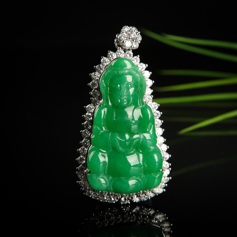 18k糯种翠绿翡翠观音吊坠-红掌柜