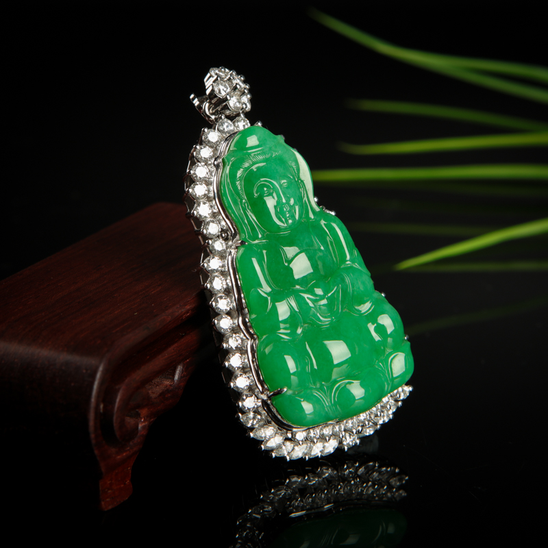 糯种翠绿翡翠观音吊坠-红掌柜