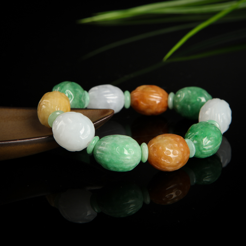 天然糯种三彩翡翠花生手串-红掌柜