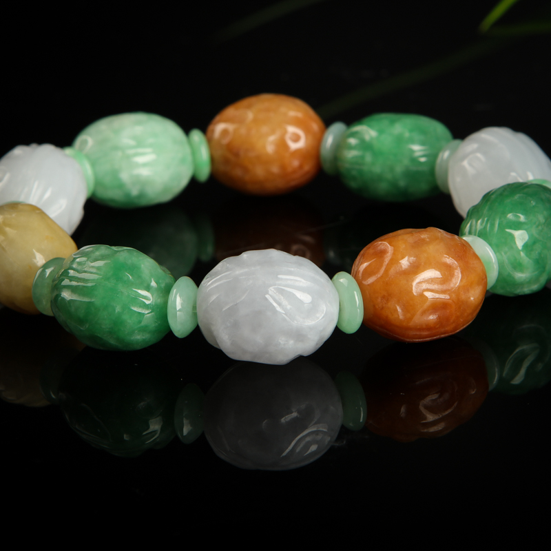 天然三彩翡翠花生手串-红掌柜