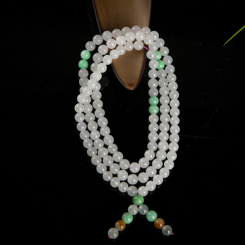 糯冰种白色翡翠108佛珠-红掌柜