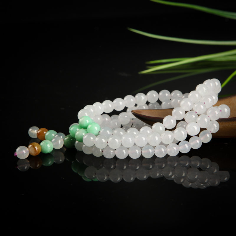 糯冰种天然白色翡翠108佛珠-红掌柜