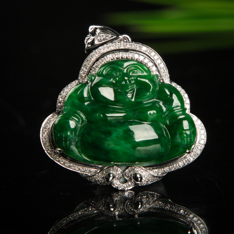 缅甸豆种翠绿翡翠弥勒佛吊坠-红掌柜