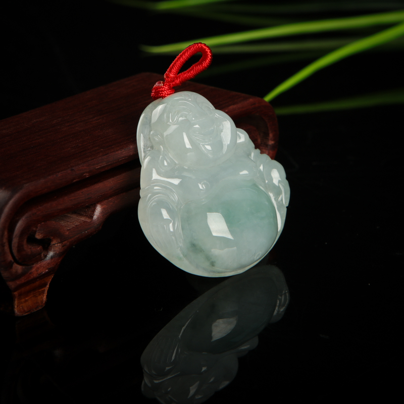 天然豆种飘翠翡翠弥勒佛吊坠-红掌柜