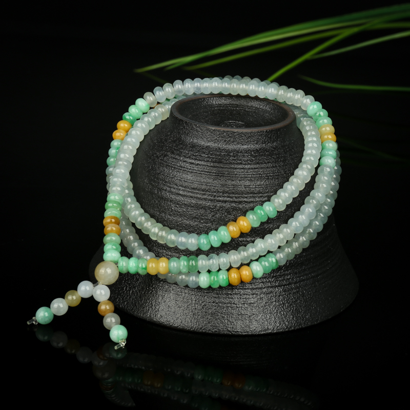 糯冰种三彩翡翠算盘珠项链-红掌柜