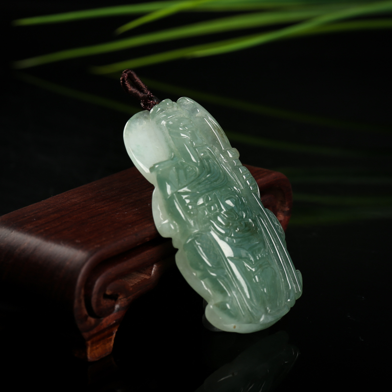 天然糯种深绿翡翠关羽吊坠-红掌柜