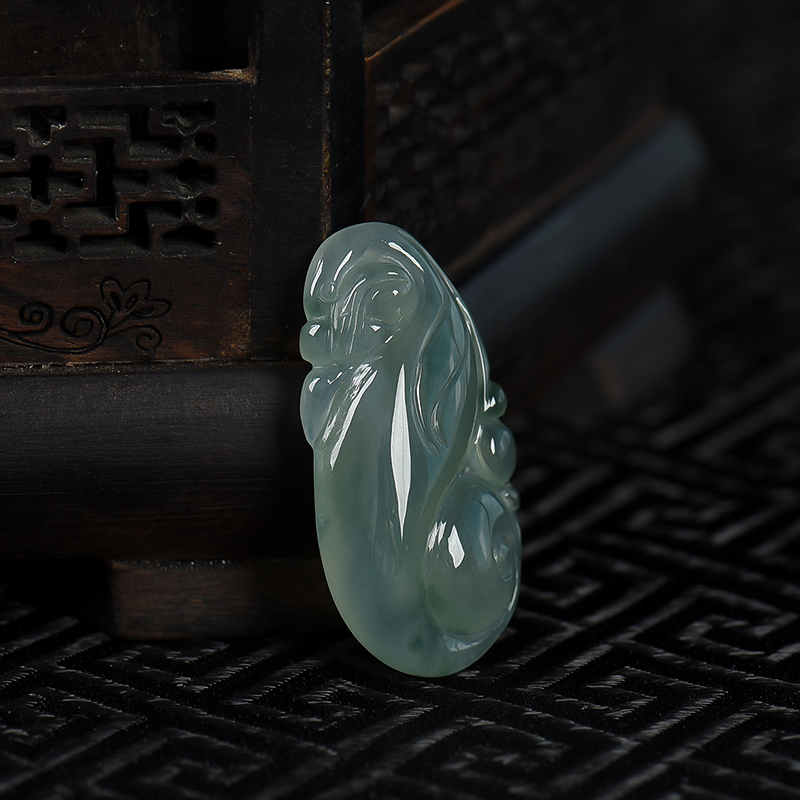 天然糯种飘花翡翠瑞兽吊坠-红掌柜