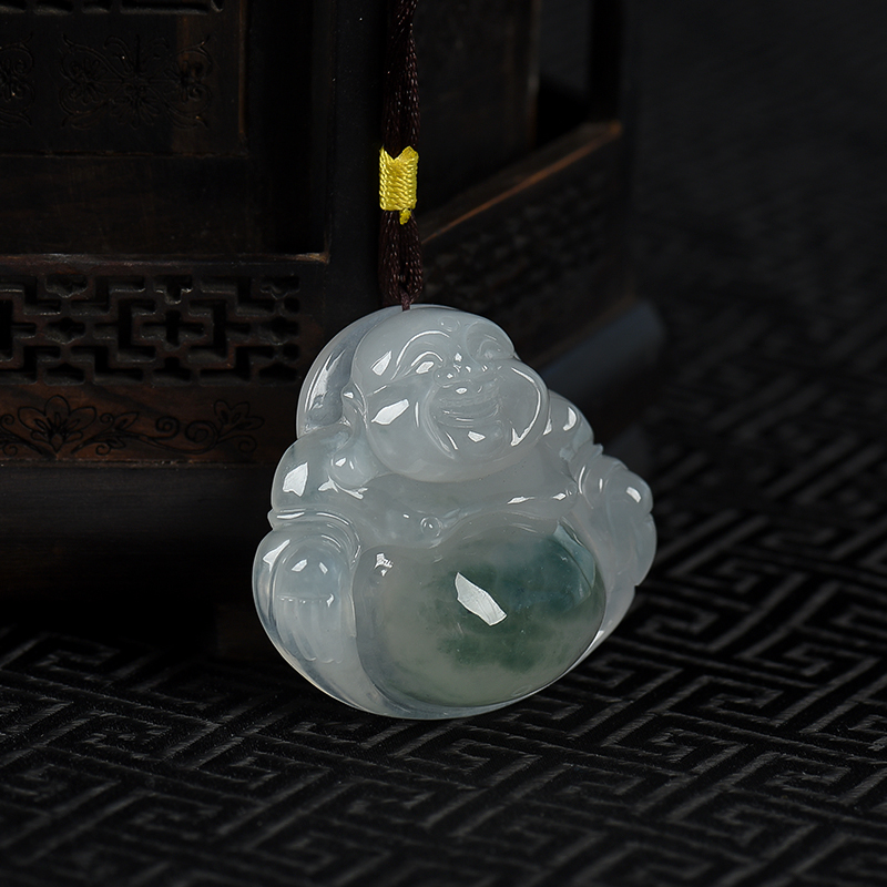 飘花翡翠弥勒佛吊坠-红掌柜