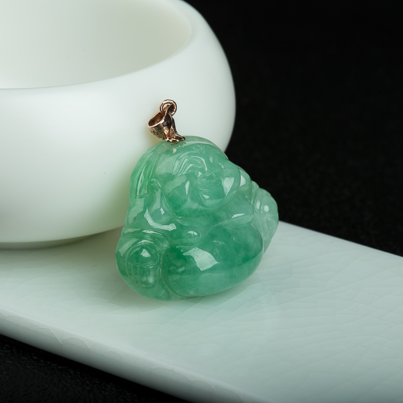 翠绿翡翠弥勒佛吊坠-红掌柜