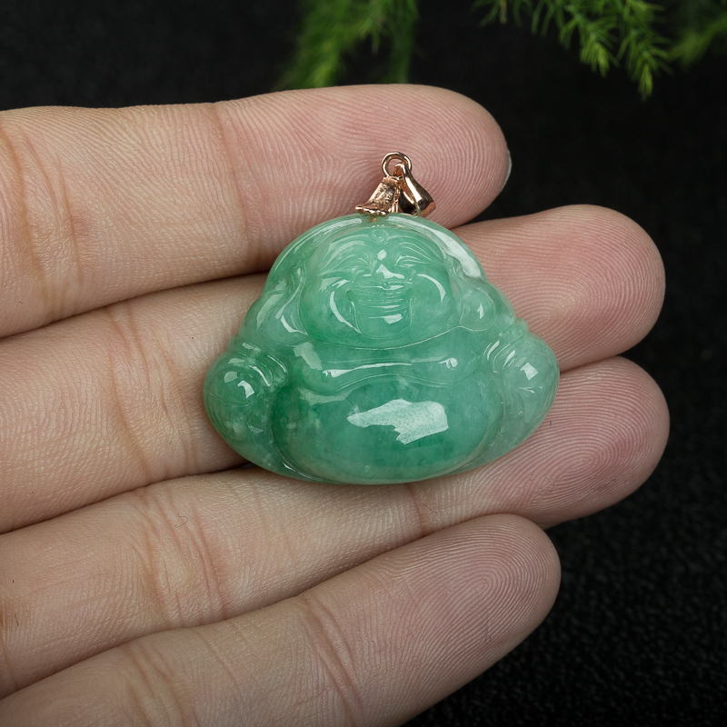 缅甸豆种翠绿翡翠弥勒佛吊坠-红掌柜