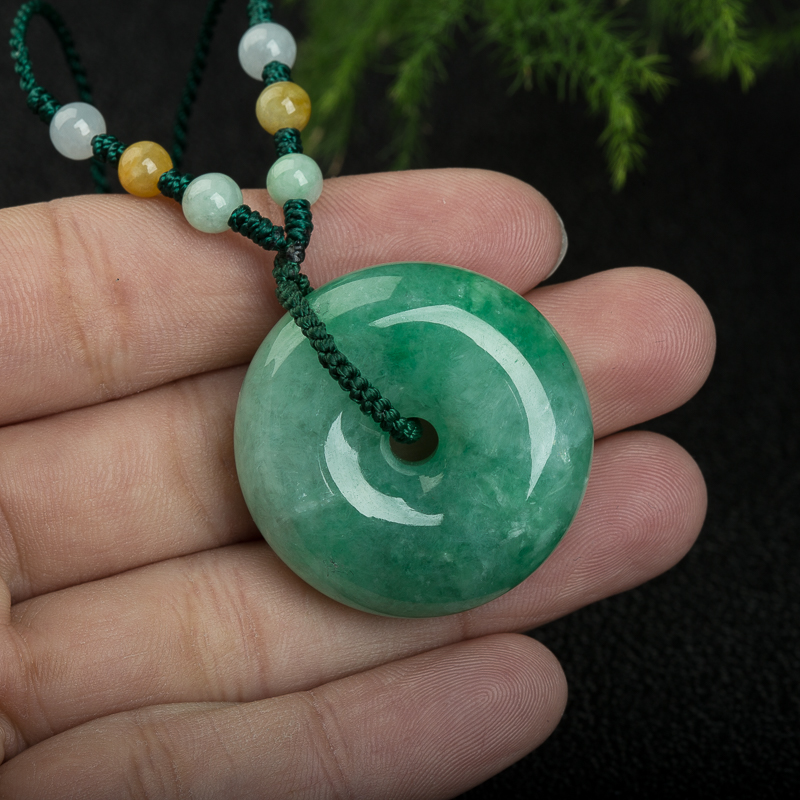 缅甸豆种翠绿翡翠平安扣吊坠-红掌柜