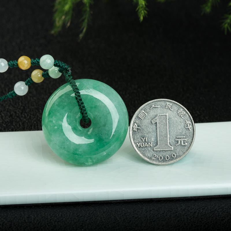 天然缅甸豆种翠绿翡翠平安扣吊坠-红掌柜