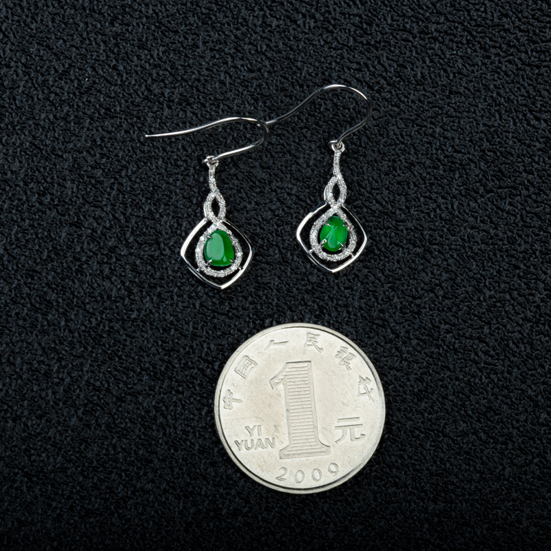 18K天然缅甸糯冰种翠绿翡翠耳坠-红掌柜
